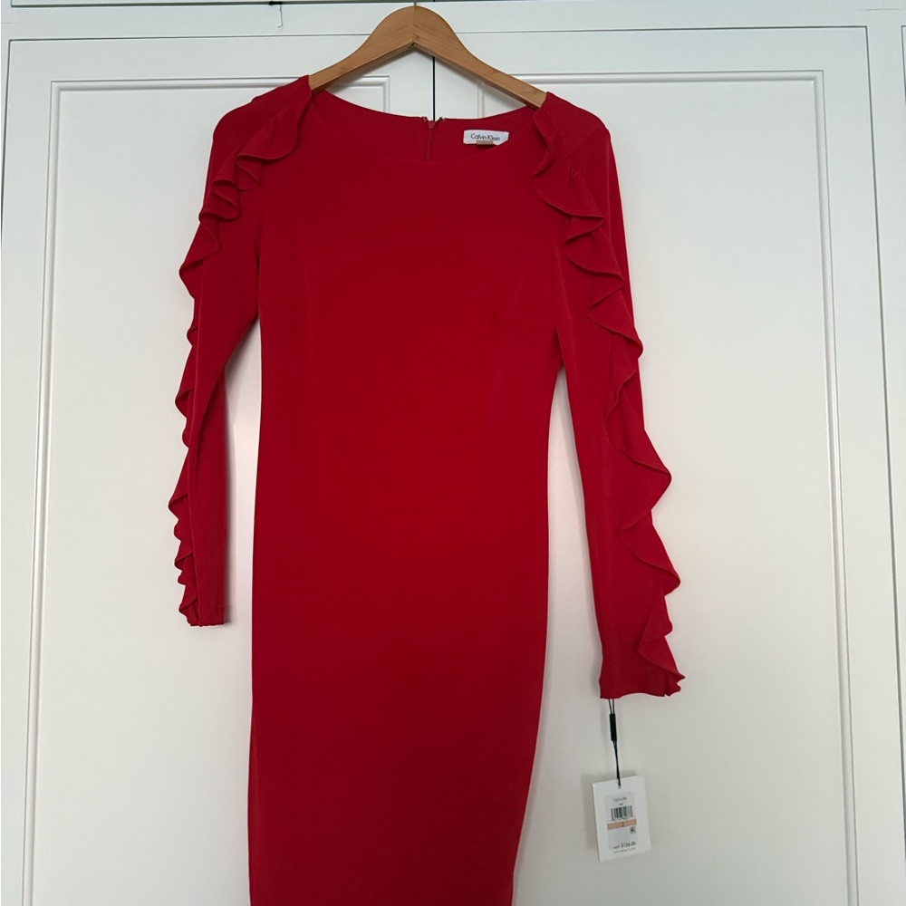 Calvin Klein elegant Red Ruffle Sleeve Dress